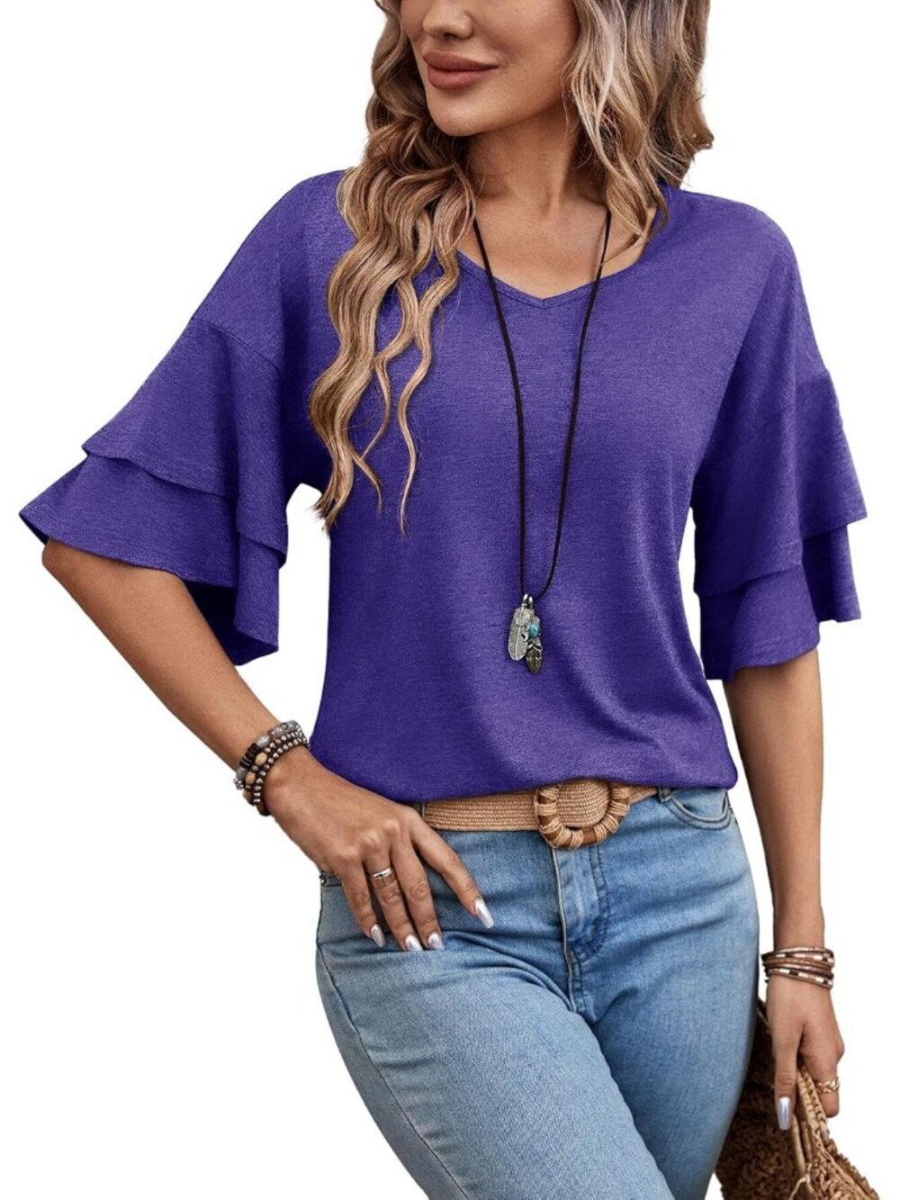 Women's Purple V Neck Blouse Ruffle Bell Sleeve Summer Casual Top Cute Tee - Picture 1 of 6